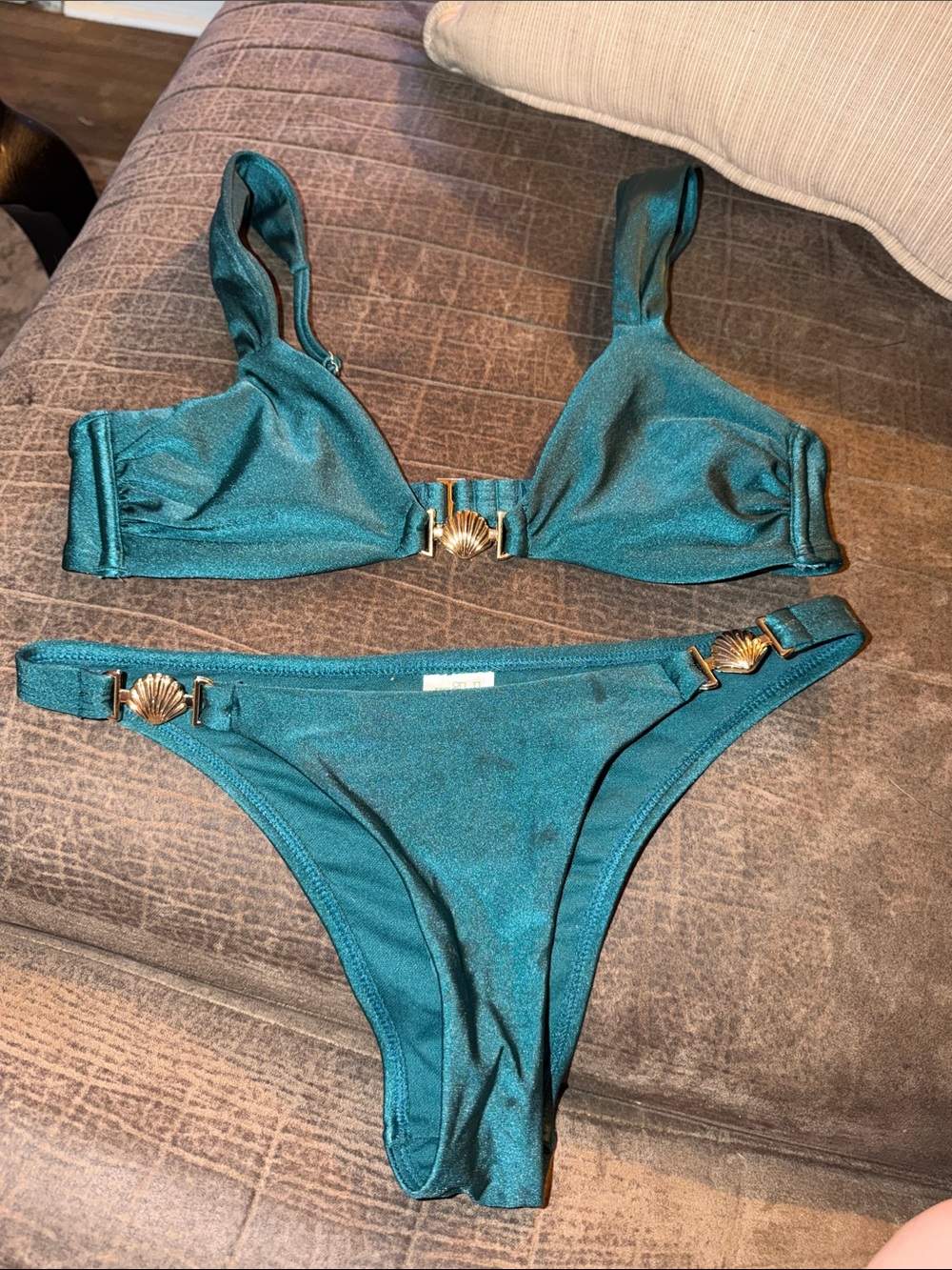 Teal Metallic Shell-Accent Bikini Set - Women Swim